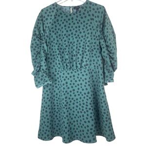 Who What Wear Green Dress w/ Polka Dots Swing Skirt 3/4 Gathered Sleeves Sz L